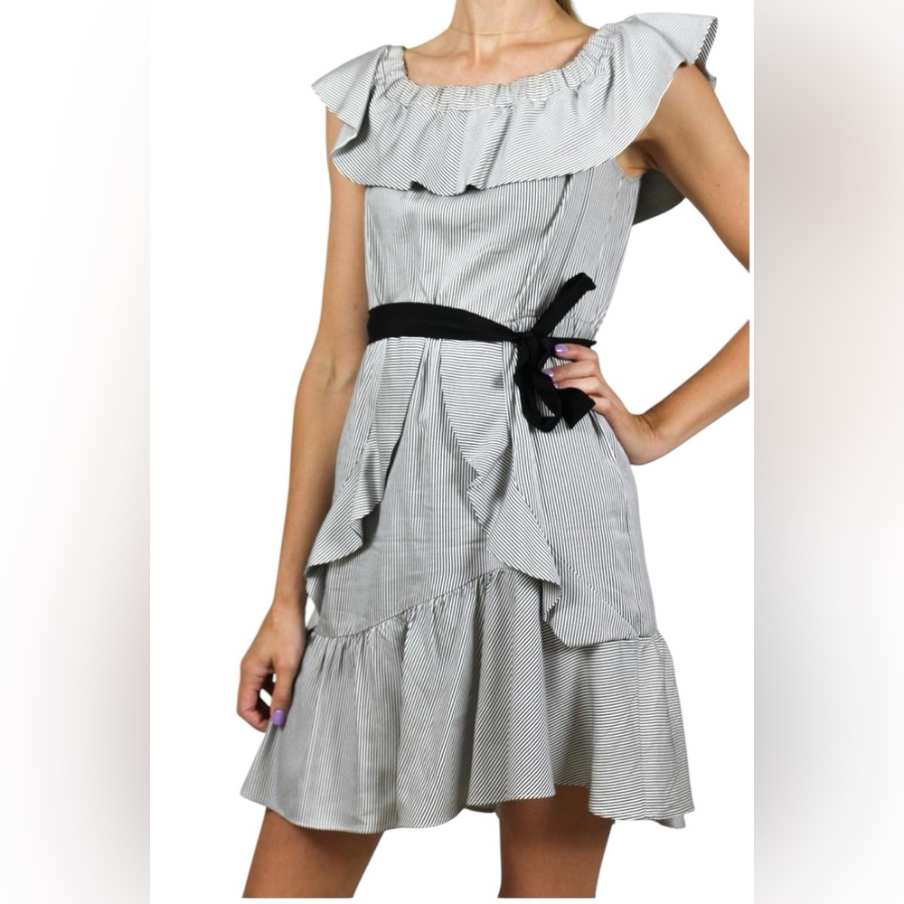 Maje Dress Rigate Off The Shoulder Ruffle‎ Mini Black White Stripe Coquette XS